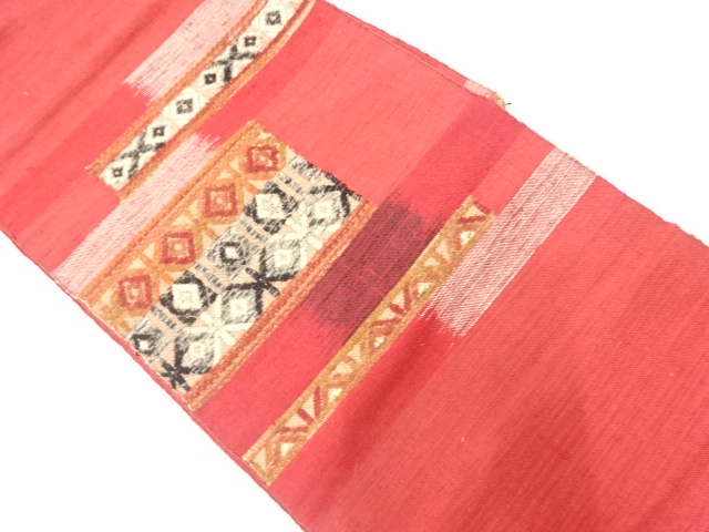 アンティーク　手織り紬横段に抽象模様織出し名古屋帯